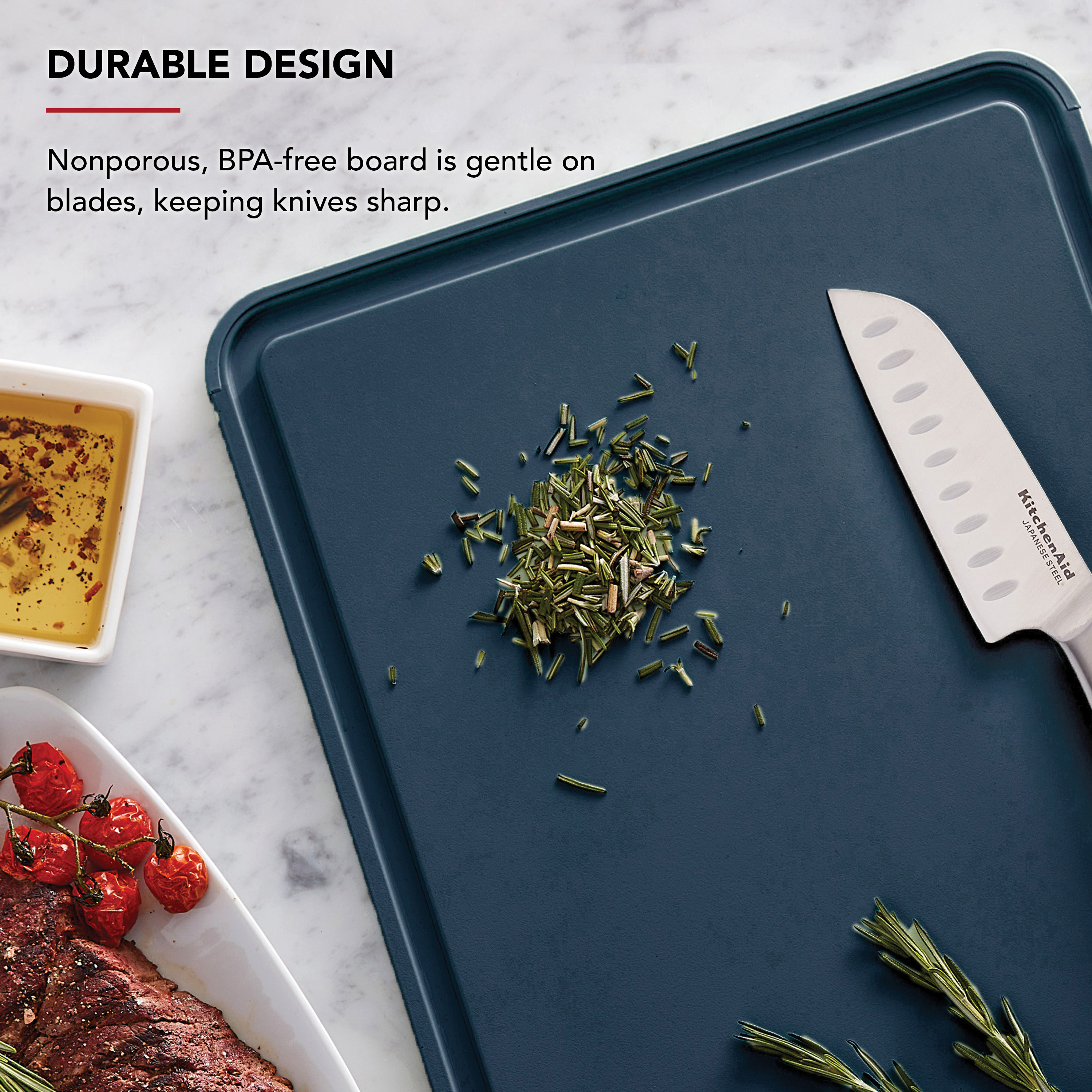 KitchenAid Classic Plastic Cutting Board with Trench, Non-Slip Edges, Dishwasher Safe, 12x18, Ink Blue
