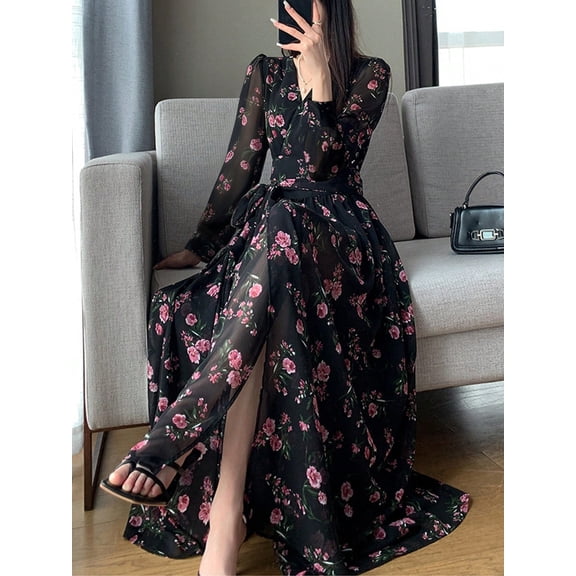 Women's V Neck Long Sleeve Floral Print Maxi Dress, Waist Tie Slim Fit Split Hem A-Line Chiffon Long Dress with Liner for Vacation Dating Outfit