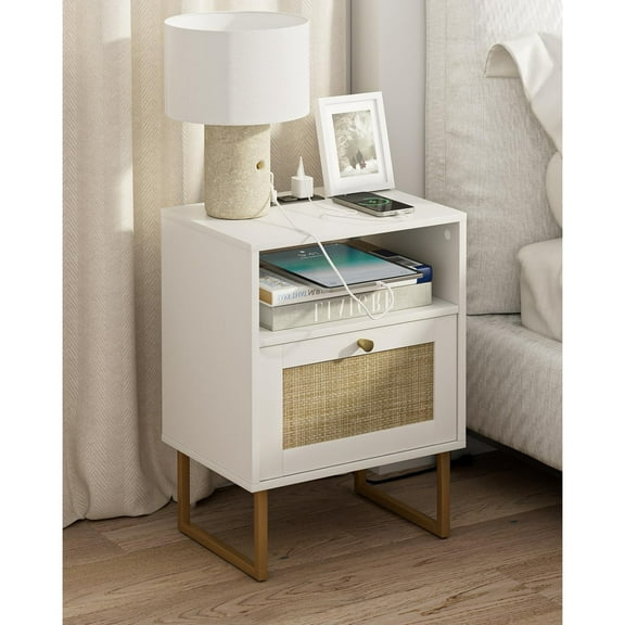 Rattan Nightstand with Charging Station,Modern Boho Farmhouse Wood Bedside Table with Storage Drawer and Open Shelf,Small Gold Frame Side End Table for Bedroom,Living Room,Office White