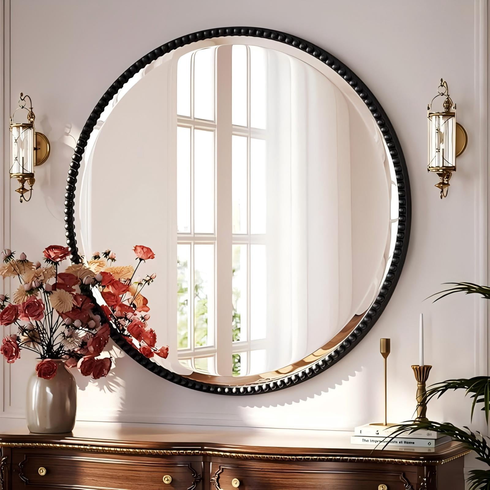 Mirrasia 36" Round Wall Mirror Decoration Hanging Mirror With Beaded Frame,Black
