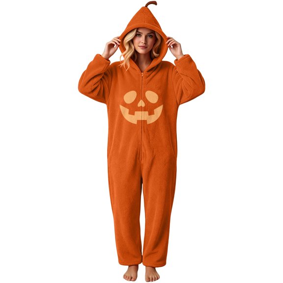 Jovrlynd Adult Onesie Pajamas Halloween Funny Pumpkin Hooded Flannel Party Sleepwear Jumpsuits, S-2XL
