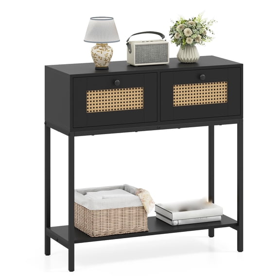 Rattan Console Table, 32 Inch Boho Narrow Sofa Table with 2 Storage Drawers and Open Shelf, 3-Tier Entryway Table for Living Room, Hallway, Foyer, Black