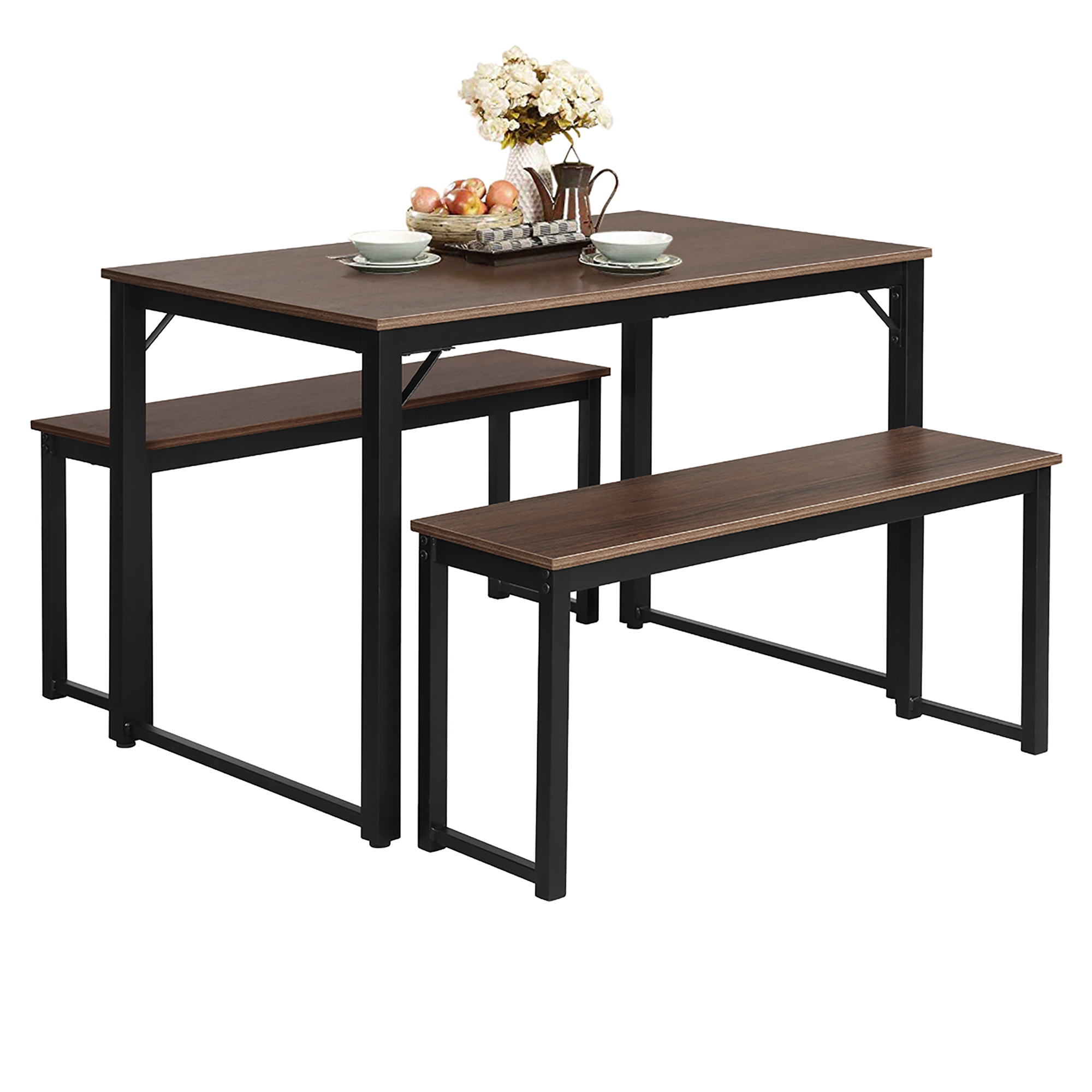 HOMCOM 3 Piece Table Dining Set with 2 Matching Benches P2 Grade MDF Steel Legs Dining Room Able to Sit 6 People Brown