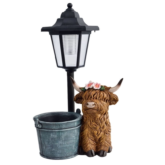 Resin Highland Cow Solar Lamp Planter Figurine, Weatherproof Outdoor Succulent Flower Pot Yard Lawn Backyard Decor (Style B)