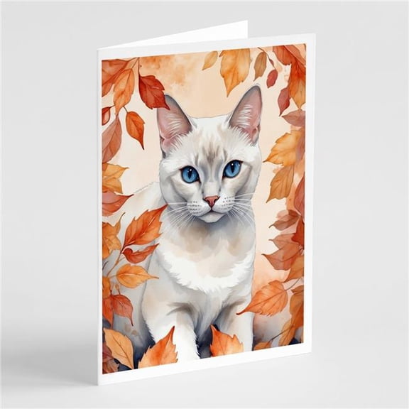 Carolines Treasures DAC7135GCA7P 5 x 7 in. Foreign White Cat in Fall Leaves Greeting Cards - Pack of 8