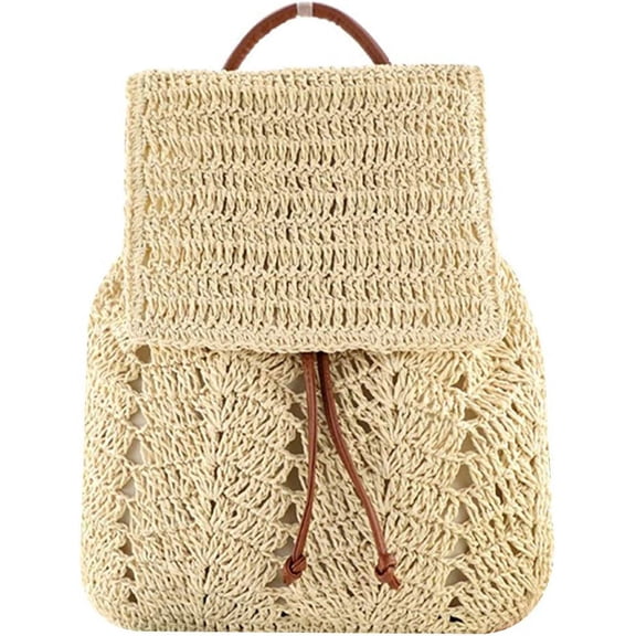 Women Medium Straw Handmade Woven Backpack Flap Drawstring Shoulders Bag Beach Daypack