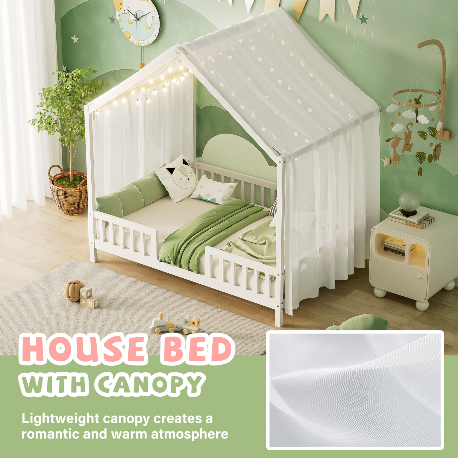 Full Size Montessori Floor Bed with Canopy, Wooden House Shape Toddler Bed with High Railings and Roof, Full Bed Frame for Kids Bedroom, White