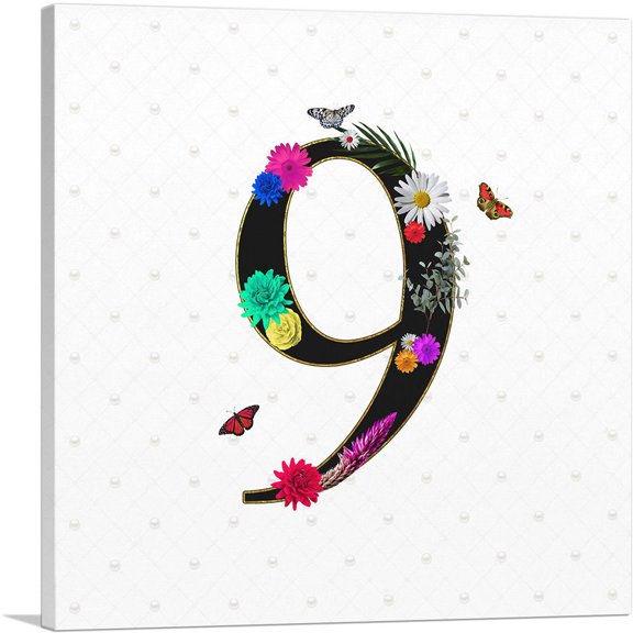 ARTCANVAS Flower Plant Butterfly Alphabet Number 9 Nine Numeral Canvas Art Print - Size: 18" x 18" (0.75" Deep)
