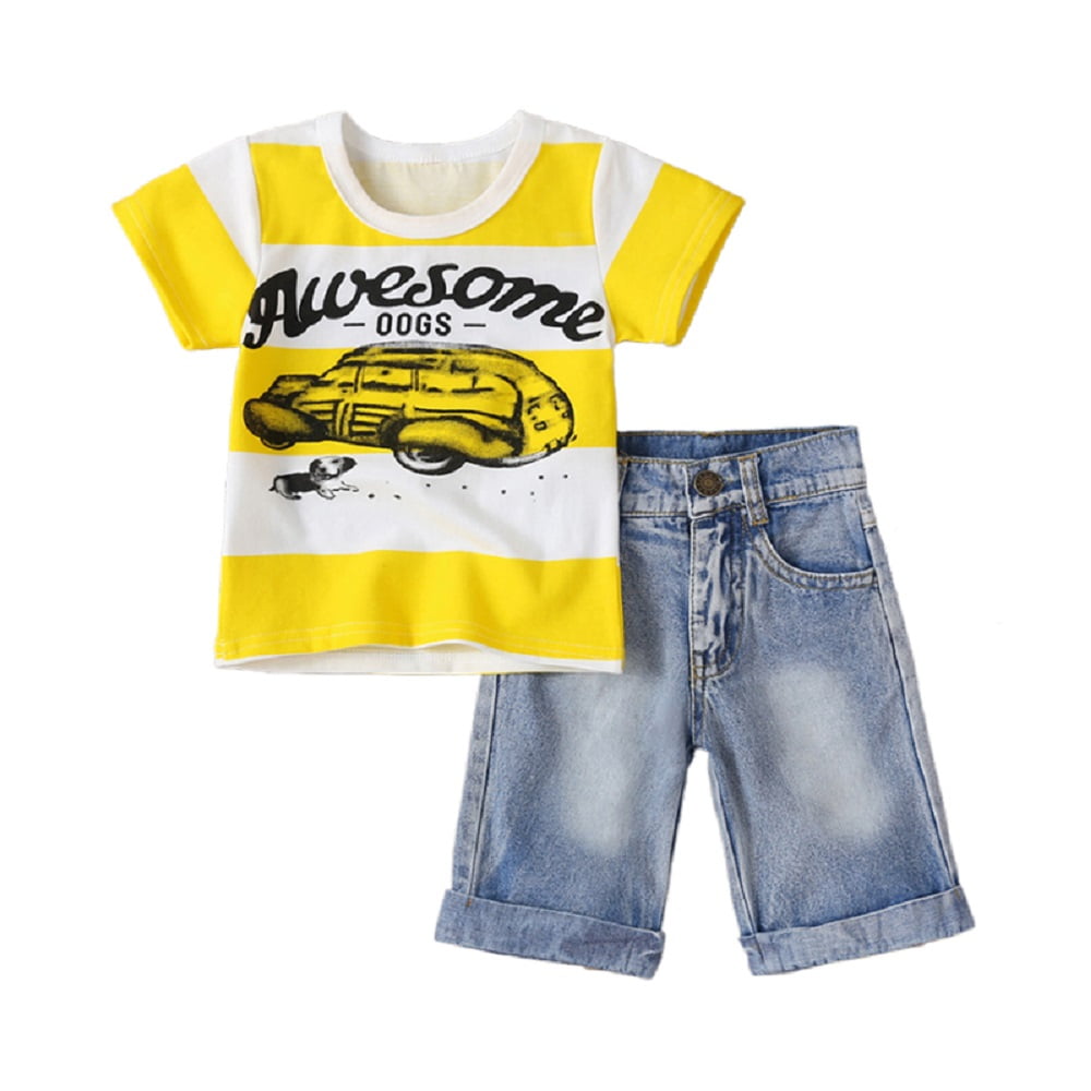 Baby Boy Printed Car Clothes for Summer Yellow & White Strip T-shirt ...