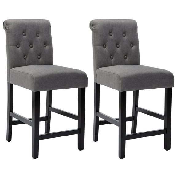 Set of 2 Dining Chair Gray Button Tufting Fabric Upholstered Counter Stools for Dining Room/Kitchen