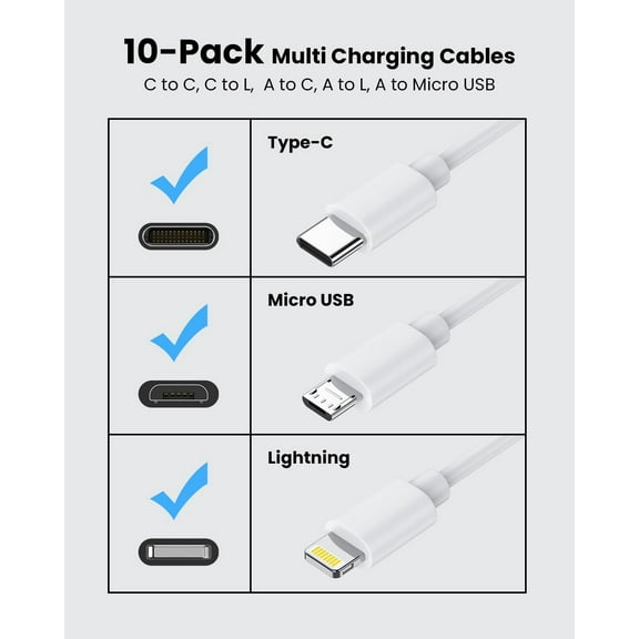 PYYAN-[0.75FT, 10-Pack] Multi Short USB Charging Cables, Fast Charge & Sync Type-C/Lightning/Micro Cords Bulk for Charging Station Compatible with iPhone16&15, iPhone5-14, iPads, Mobiles, Tablets, Wh