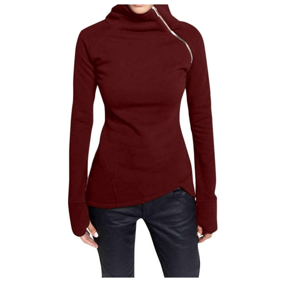 HXWCHs Women's Casual Long Sleeve Turtleneck Pullover Blouse with Front Zipper Detail Comfortable Stylish Sweatshirt top S Wine
