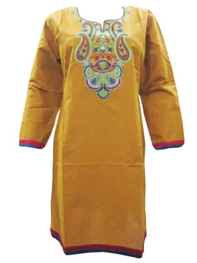 Mogul Womens Indian Tunic Dress Paisley Embroidered Kurti  Cotton Lounger Dress