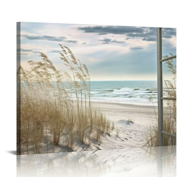 Orinice  Coastal Beach Picture Wall Art: Beach Theme Window Canvas Art Prints Seascape Artwork for Bedroom   20x16in