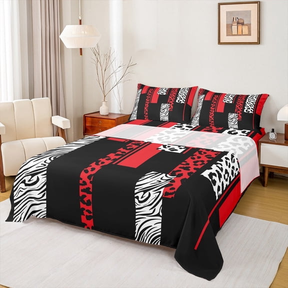 Manfei Fashion Geometric Striped Queen Sheet Sets, Leopard Cheetah Print Flat Sheet, Modern Abstract Style Queen Fitted Sheet, Breathable Home Decor, 4pcs