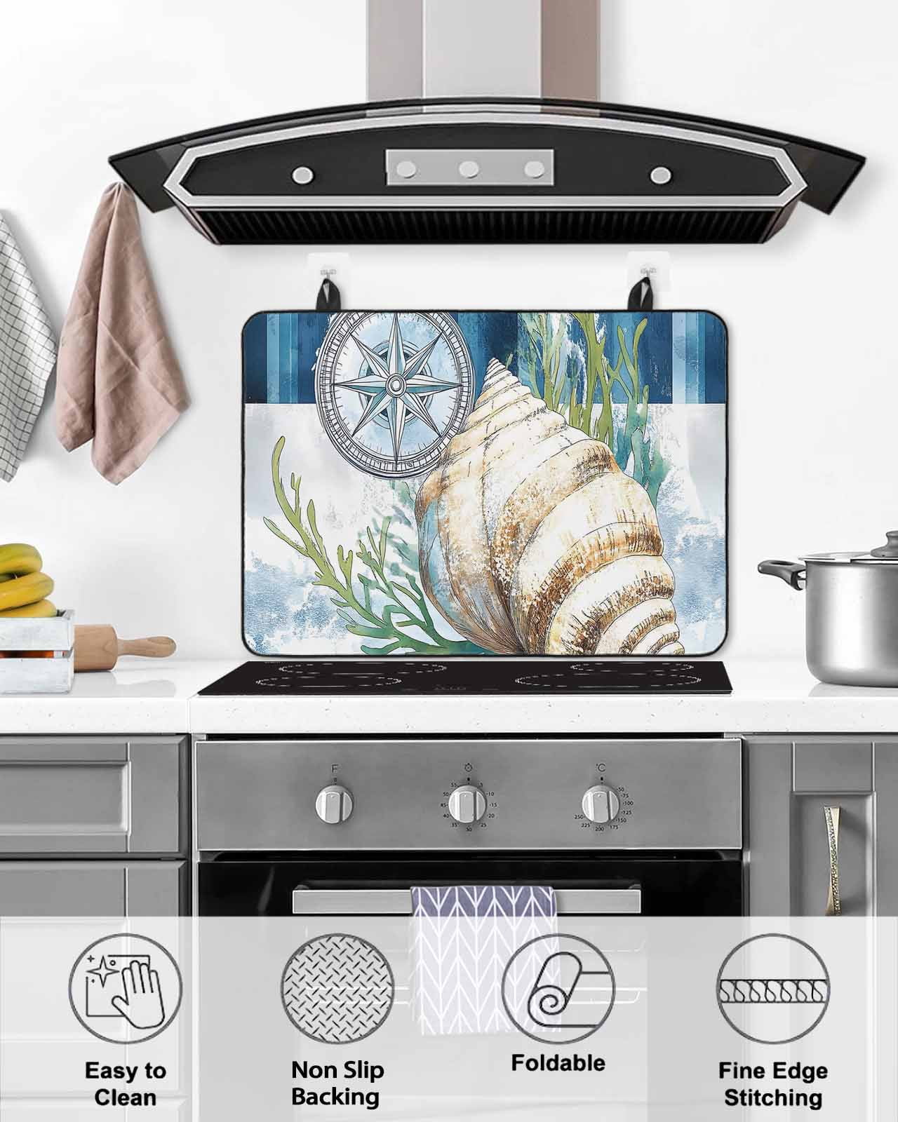 nqOlkjepod Large Induction Cooktop Protector Mat 24"x21", Nautical Compass Stove Top Covers for Electric Stove, Coastal Ocean Shell Seaweed Decorative Stove Burner Cover Mats, Glass Top Stove Cover