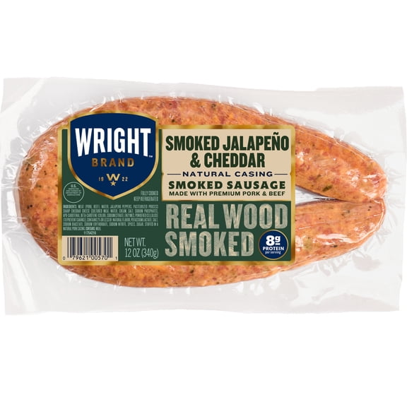 Wright Brand Real Wood Smoked Jalapeno & Cheddar Smoked Sausage Rope, Fully Cooked, 12 oz, Refrigerated