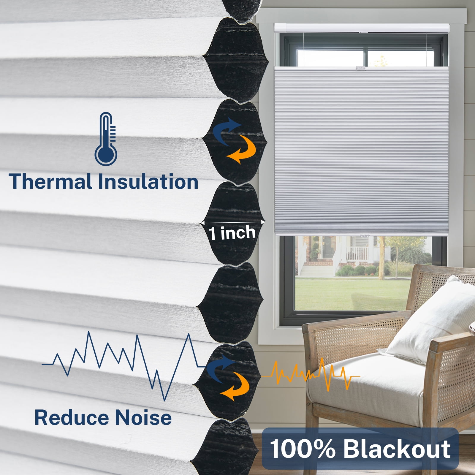 Keego No Drill Top Down Bottom Up Cellular Shades for Windows Blackout Cordless Blind Window Shades No Tool Honeycomb Blinds Shades for Home, Easy To Install, White, 49"W x 56"H