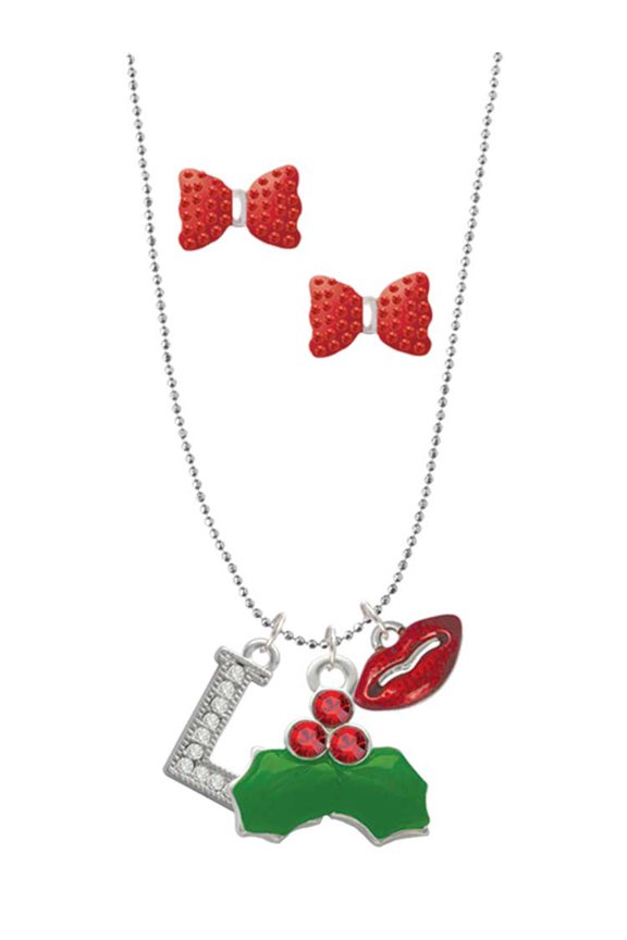 Silvertone Crystal Initial - L - Christmas Kiss Charm Necklace and Stud Earrings