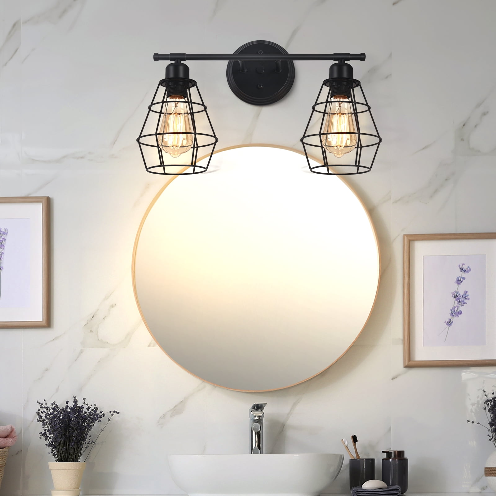 Bathroom Wall Lamp Black 2 Lights for Industrial Vanity Light with Metal Cage Vintage Wall Lamp for Farmhouse Dresser Dresser Dressing Table Mirror Cabinet Set of 2