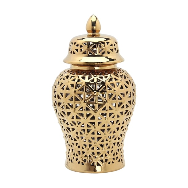 Jarrón de porcelana hueco para encimera con tapa, estilo tarro de templo, decoración para el hogar Dorado 19cmx36cm