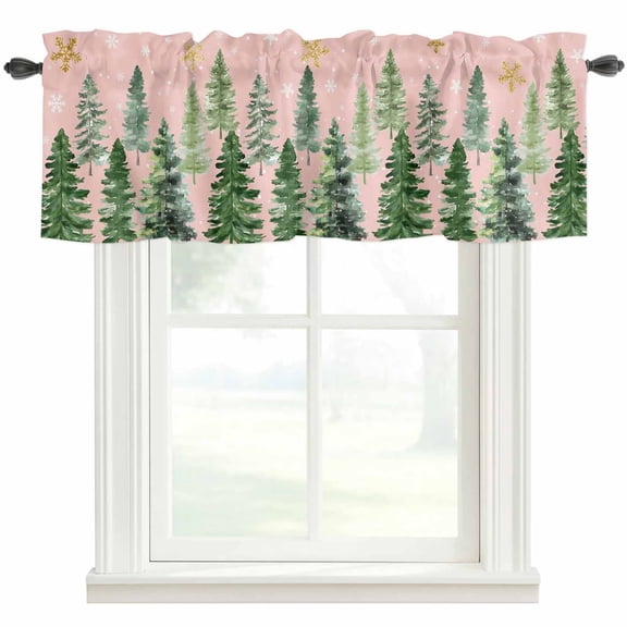Pink Christmas Tree Farmhouse Short Window Curtain Valances, Winter Watercolor Gold Snowflakes Rod Pocket Kitchen Valances for Living Room Bedroom Bathroom Cafe 42" x 12"