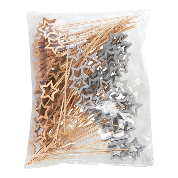 100 Pcs Star Cocktail Picks, 5.5" Long Decorative Wooden Toothpicks Bamboo Cake Decoration Sticks for Appetizers Drink Garnish Fruits Skewer Party Christmas New Year Birthday
