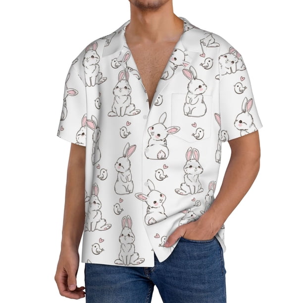 Balery Bunny And Bird Camisa Casual de Manga Corta con Botones para Hombre, Texturizada, Estilo Cubano, para Playa, Verano-XX-Large