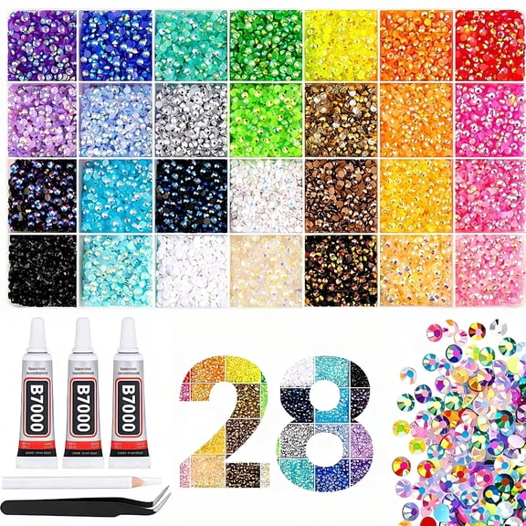 34000Pcs Resin Rhinestones with Tweezers for Bedazzling, Multicolor 3mm Crystal with 3Pcs 10ml B7000 Jewelry Glue for Bedazzled Nail Art Crafting Makeup