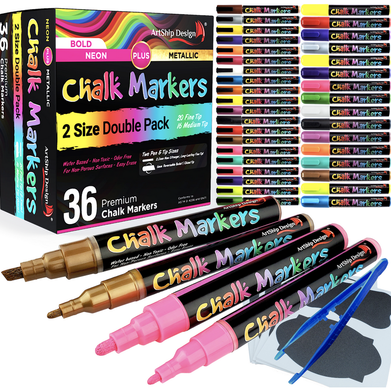 ArtShip Design 9 Jumbo Chalk Markers 15mm 3-in-1 Square Tip Liquid Chalk Pens Wet Erasable - Windows, Menu Boards, Glass, White Boards, Classro