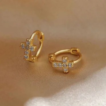 1/10 Ct Round Real Moissanite Diamond Cross Huggie Hoop Earrings – 14K Yellow Gold Plated Sterling Silver – Elegant & Hypoallergenic