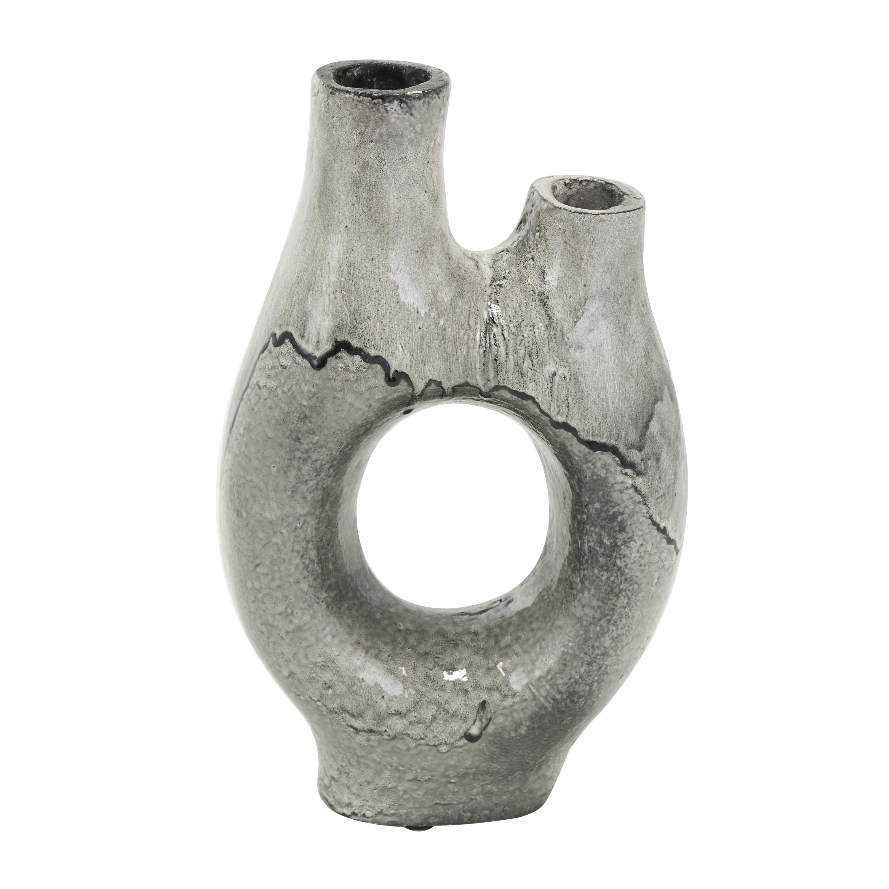 DecMode 13" Abstract Circular Gray Paper Mache Vase with Dual Openings