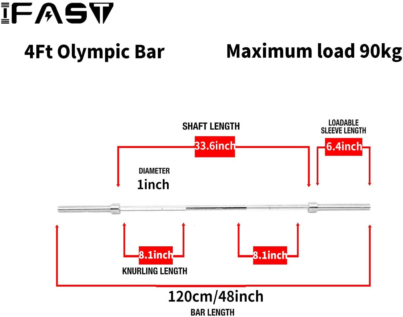 Exercise Equipment Barbell Bar for 2" Olympic Plates, Home Gym Weightlifting Bar 4Ft Solid Weight Bar Fitness Training Curl Barbell,Workout Equipment