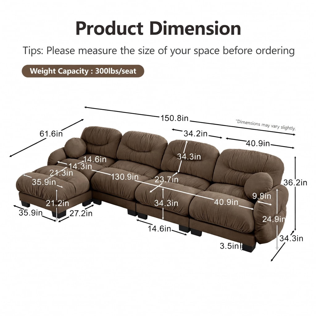 Hommoo Chenille 4-Piece L-Shaped Modular Sectional Sofa Set with Ottoman, Ergonomic High-Density Foam Cushions, Pleated Back Design & 2 Round Throw Pillows, Brown