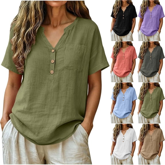 Summer Womens Tops 2025 Cotton and Linen Plus Size Casual Tops V-Neck Bandage Short Sleeve T-Shirts And Linen Blouse