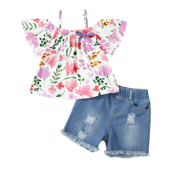 Kucnuzki 18 Months Infant Baby Girls Summer Outfit Sets 24 Months Casual Clothes Short Sleeves Off the Shoulder T-shirt Floral Top Ripped Denim Shorts Set 2pcs Pink 18-24 Months