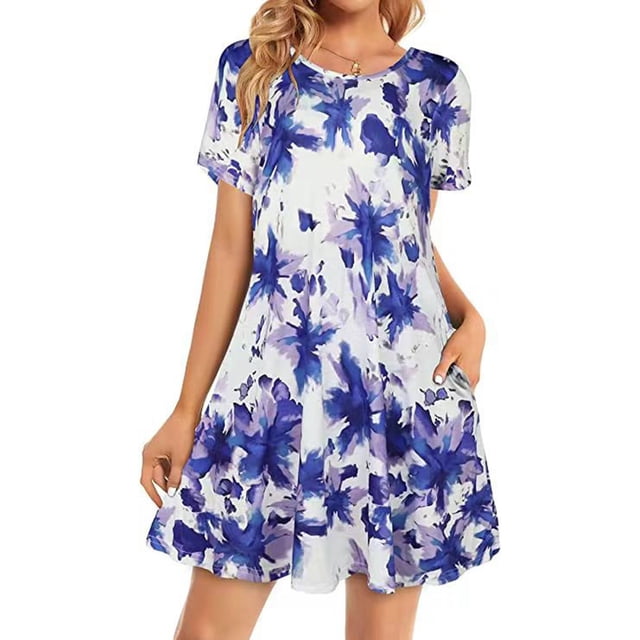 GZWYHT Robes d'Été, Robes pour Femmes 2025 Robe d'Été à Manches Courtes avec Poche Robe Décontractée Douce Midi, Robes Décontractées, Robe I, Robes de Vacances S