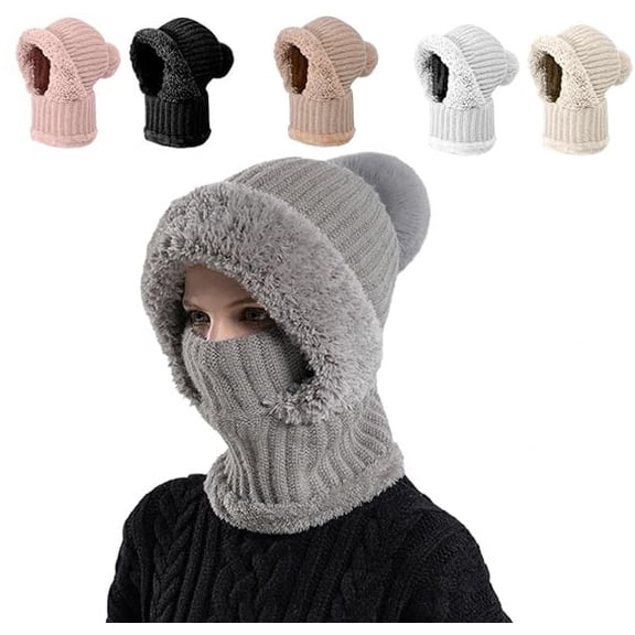 Women's Knitted Hat in Autumn and Winter, 2026 New 3 in 1 Winter Cold Resistant Hat Face Mask Hooded Scarf , 3 in 1 Beanie Hat for Women , Womens Balaclava Winter