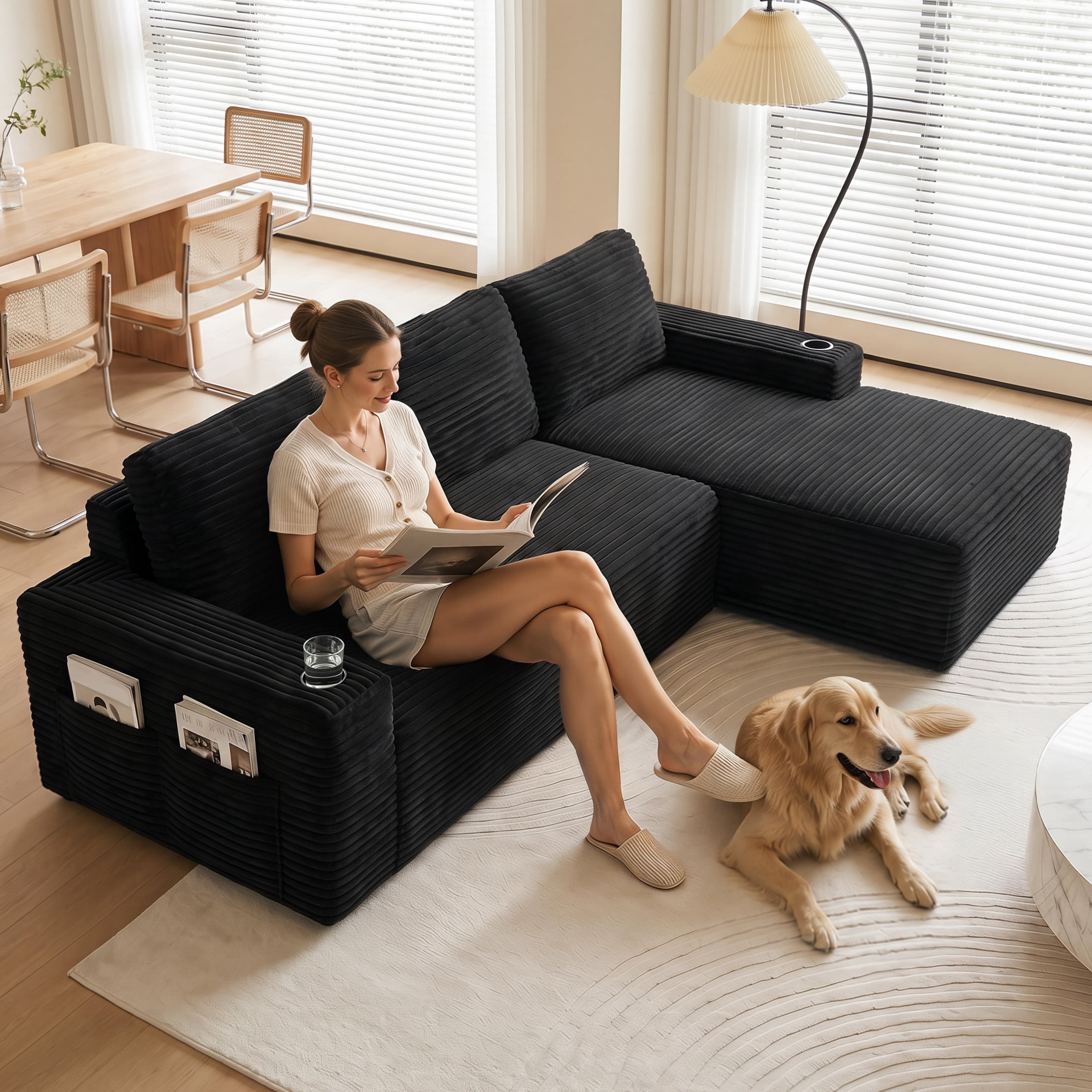 Aenkyo 104 Inch Corduroy L-Shaped Cloud Sectional Sofa with Right Facing Chaise and Cup Holders, Black