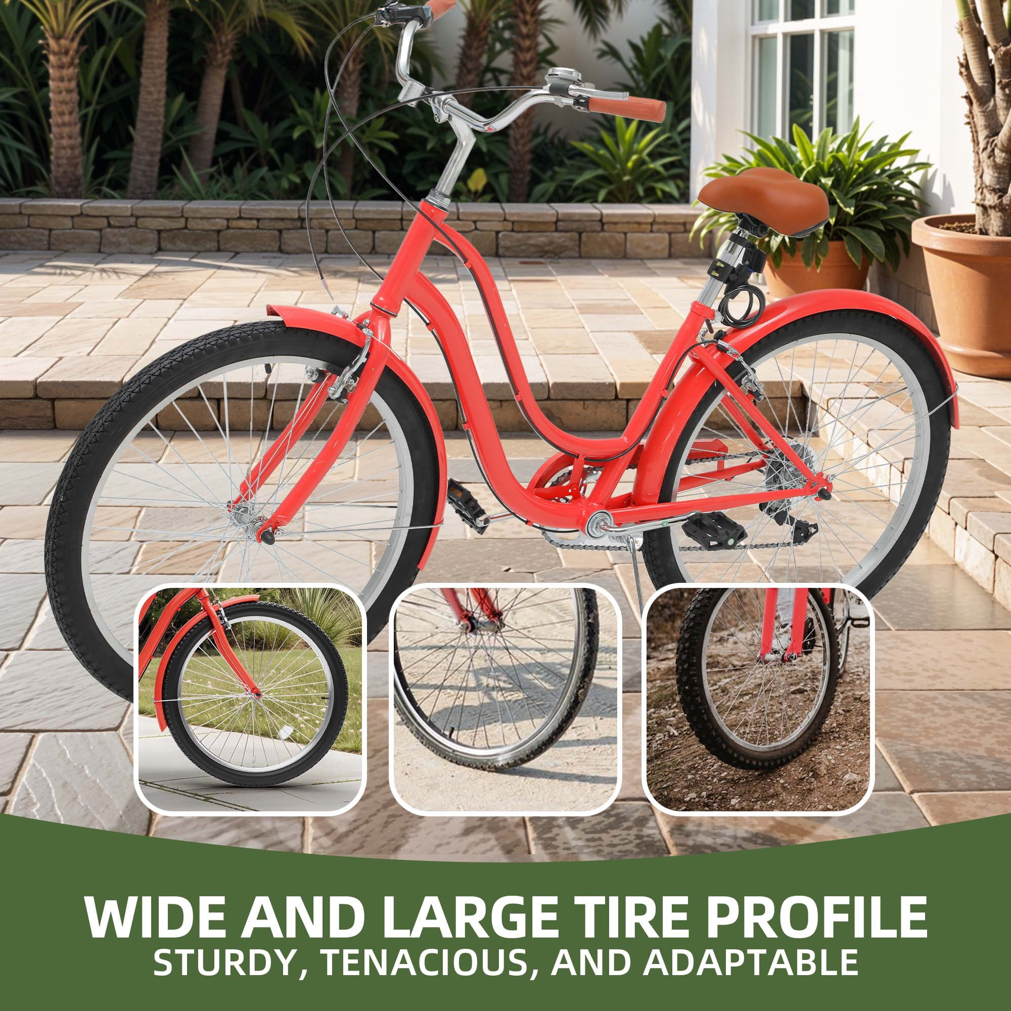 Uforic24'' Beach Cruiser Bike, 7-Speed, Step-Through Bicycle for Men & Women, Steel Frame, Orange
