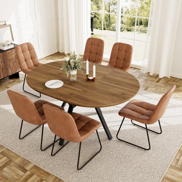 Extendable Round Dining Table Set for 6 People, 43.3"-59.1" Extendable Kitchen Table with 6 Upholstered Chairs, Space Saving for Kitchen Dining Room (Walnut Table+6 U-Shaped Brown Chairs)