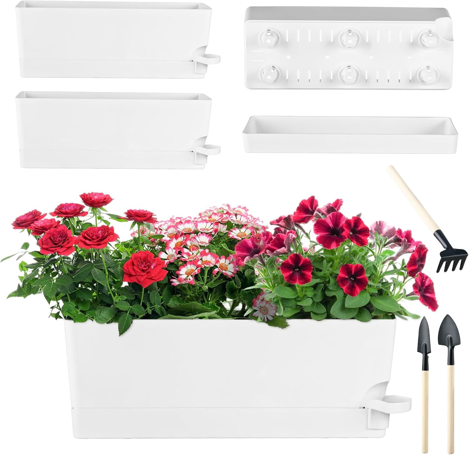 4 Pack Self Watering Pots for Indoor Plants 17 Inches Window Boxes Planters Rectangular Flower Pots Rectangle Herb Pots Large Plant Pots with Drainage Holes and Saucers Windowsill Planter, Green