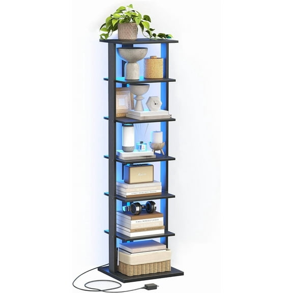 7-Tier Bookshelf, Narrow Bookcase with LED Lights, 47.2 Inch Book Shelf for Small Space, Display Storage Shelf for Living Room, Bedroom, Home Office, Study, Black