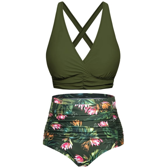 LVWQ Women's High Waisted Bikini Set Halter Neck Floral Swimsuit Two Piece Tummy Control Bathing Suit with Ruched Bottom