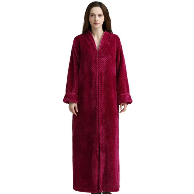 Women's Zip Front Bathrobe Soft Warm Long Fleece Plush Robe Plus Size