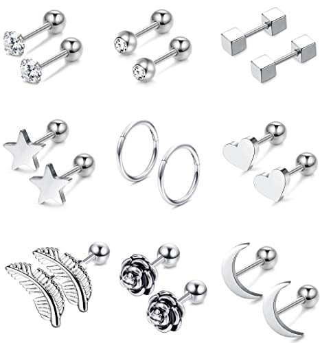 Jstyle 9Pairs 316L Surgical Steel Ear Cartilage Stud Earrings for Men Women CZ Barbell Helix Tragus Stud Piercings Jewelry 
