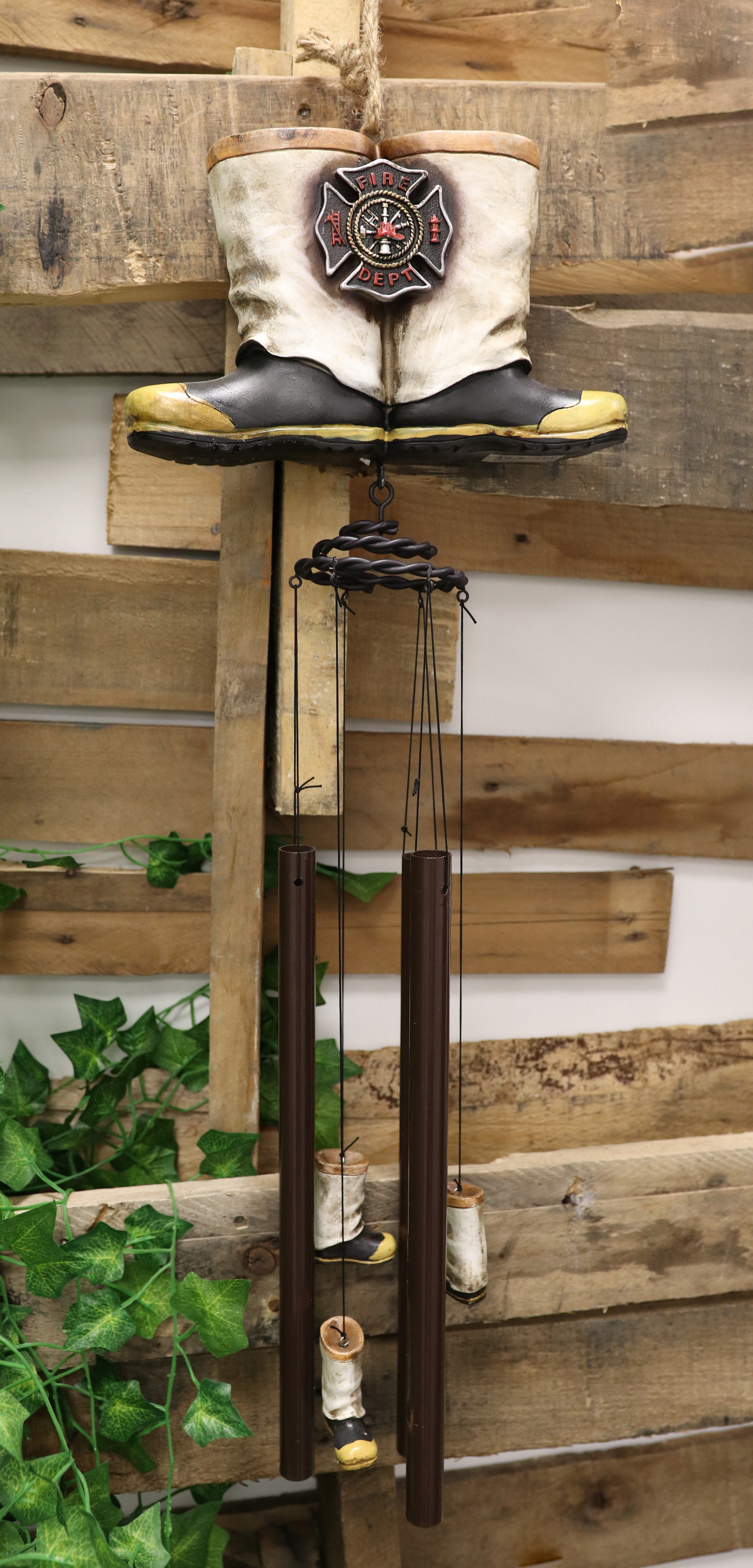Rustic Fire Department Fireman Boots Large Resonant Patio Spiral Wind Chime