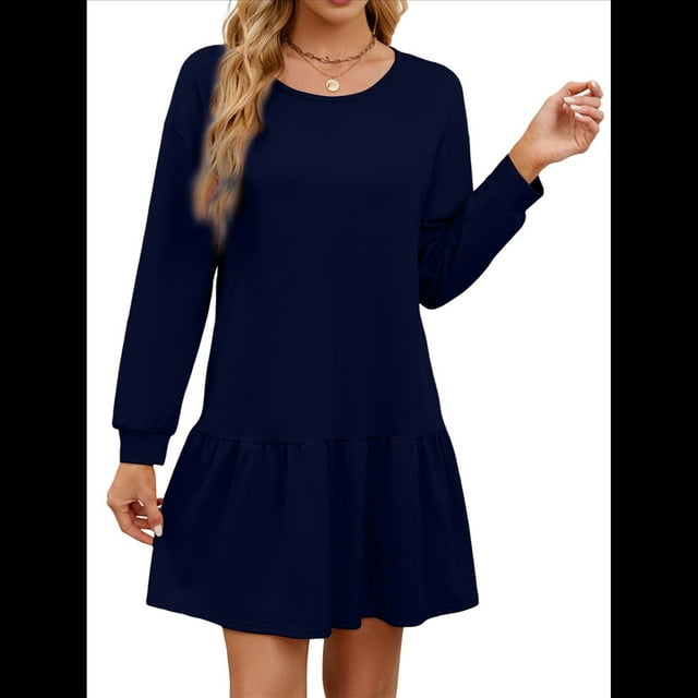 Vestido Tipo Sudadera de Larga para Mujer, de Otoño, con Cuello Redondo, de Punto Acanalado y Patchwork, Minivestidos Informales. Azul Marino M
