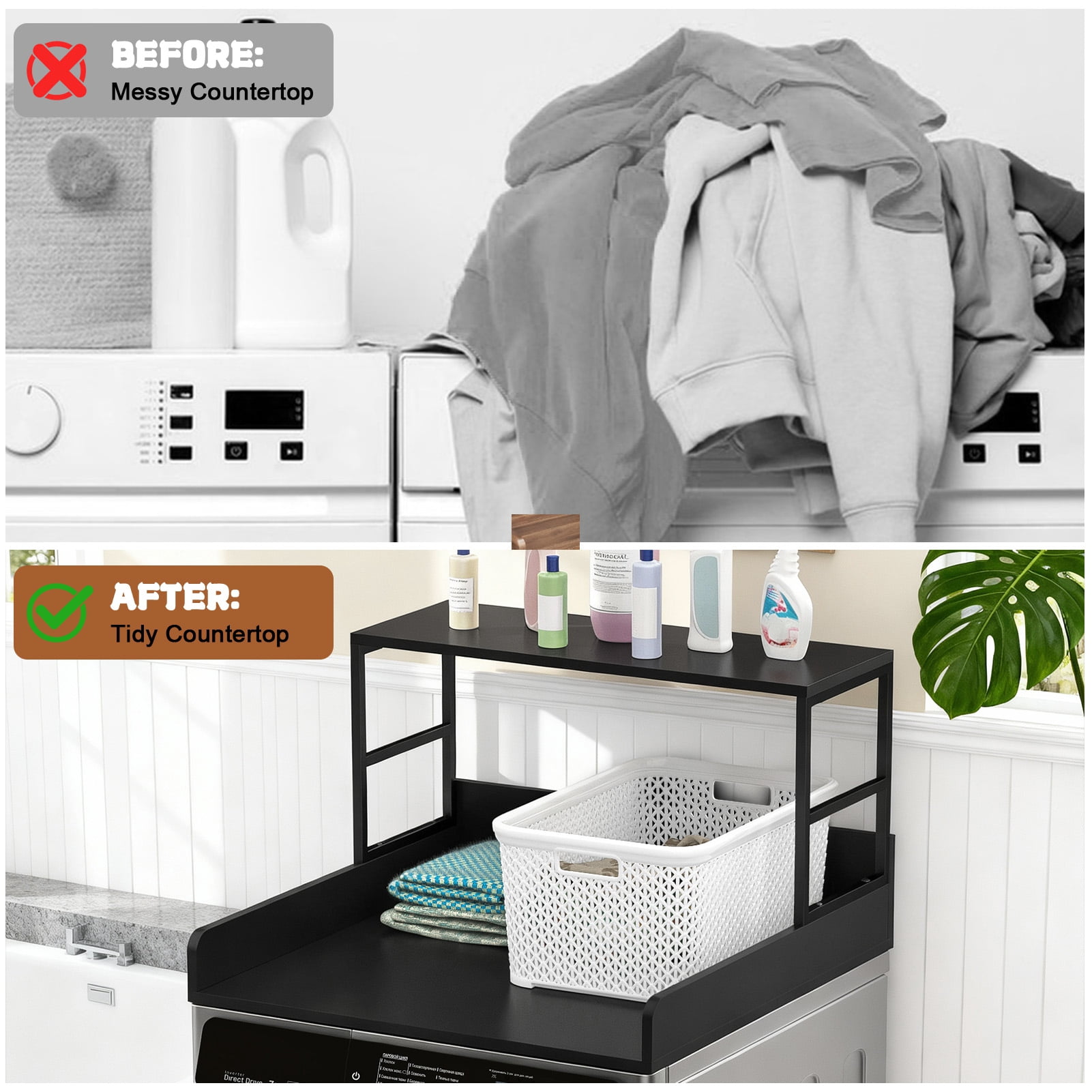 Anti-Slip Washer Dryer Countertop, 27.5" x 27" Heavy Duty Laundry Shelf with Silicone Strips & Edge Rails, Secure Top for Vibrating Machines