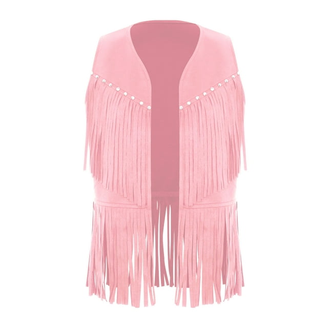 TiaoBug Gilet Western pour Enfants Sans Manches Ouvert à l'Avant à Franges Riveté Gilet de Cowboy Cowgirl Vêtement d'Extérieur Rose 14